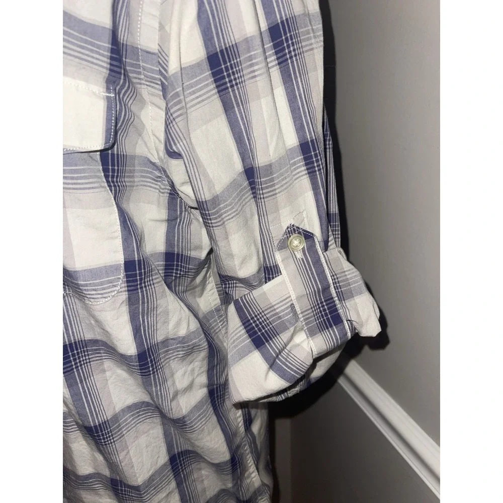Banana Republic Mens Plaid‎ Shirt Gray Purple Roll Tab Sleeve Mens M